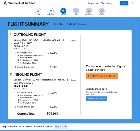 Prototype of CTA button hierarchy Prototype of CTA button hierarchy, showing 3 fares and extra luggage options in a higher-fidelity version than wireframe