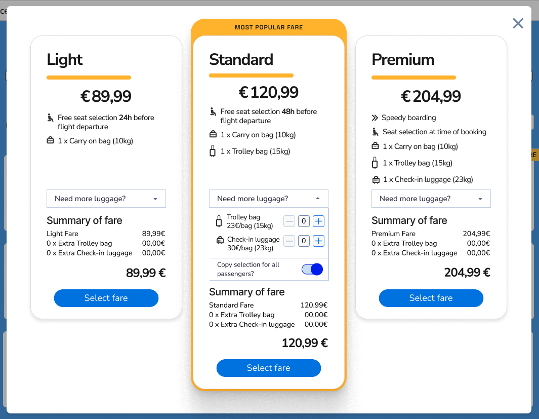 Prototype of Fare modal Prototype of Fare modal showing 3 fares and extra luggage options in a higher-fidelity version than wireframe