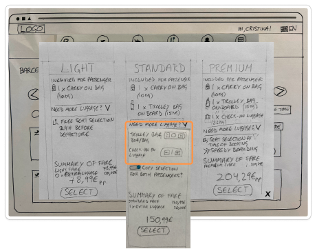 Wireframe of fare modal Wireframe of fare modal with extra luggage options shown