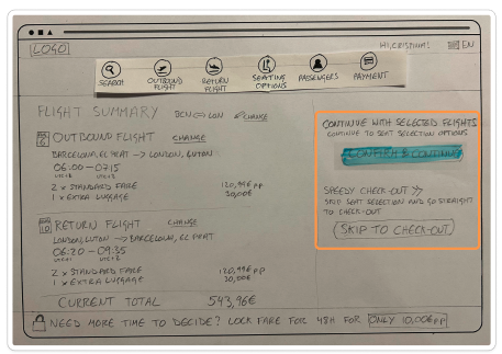 Wireframe close up CTAs Wireframe close up of call to action button hierarchy, showing the Skip to check-out button as being of a lower priority