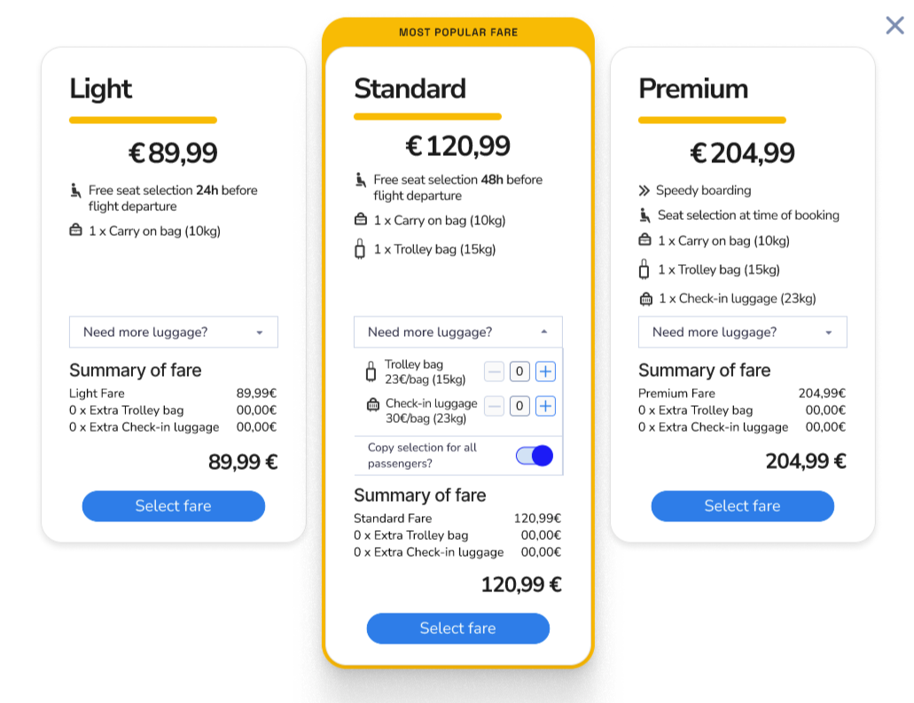 Prototype of Fare modal showing 3 fares and extra luggage options in a higher-fidelity version than wireframe